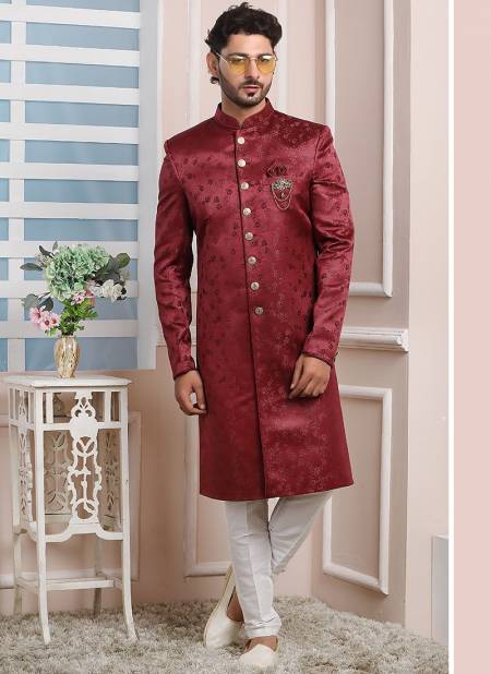 Maroon Colour Party Wear Mens Jaquard Silk Indo Western Collection 1692